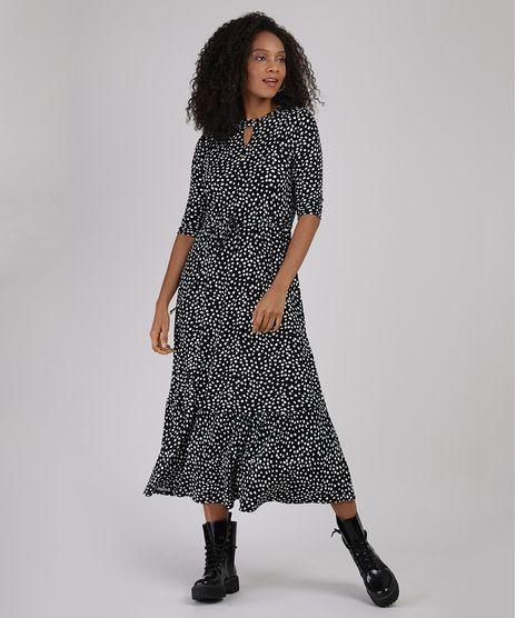 Vestido-Feminino-Midi-Choker-Estampado-de-Poa-com-Recorte-e-Amarracao-Manga-3-4-Preto-9940713-Preto_1