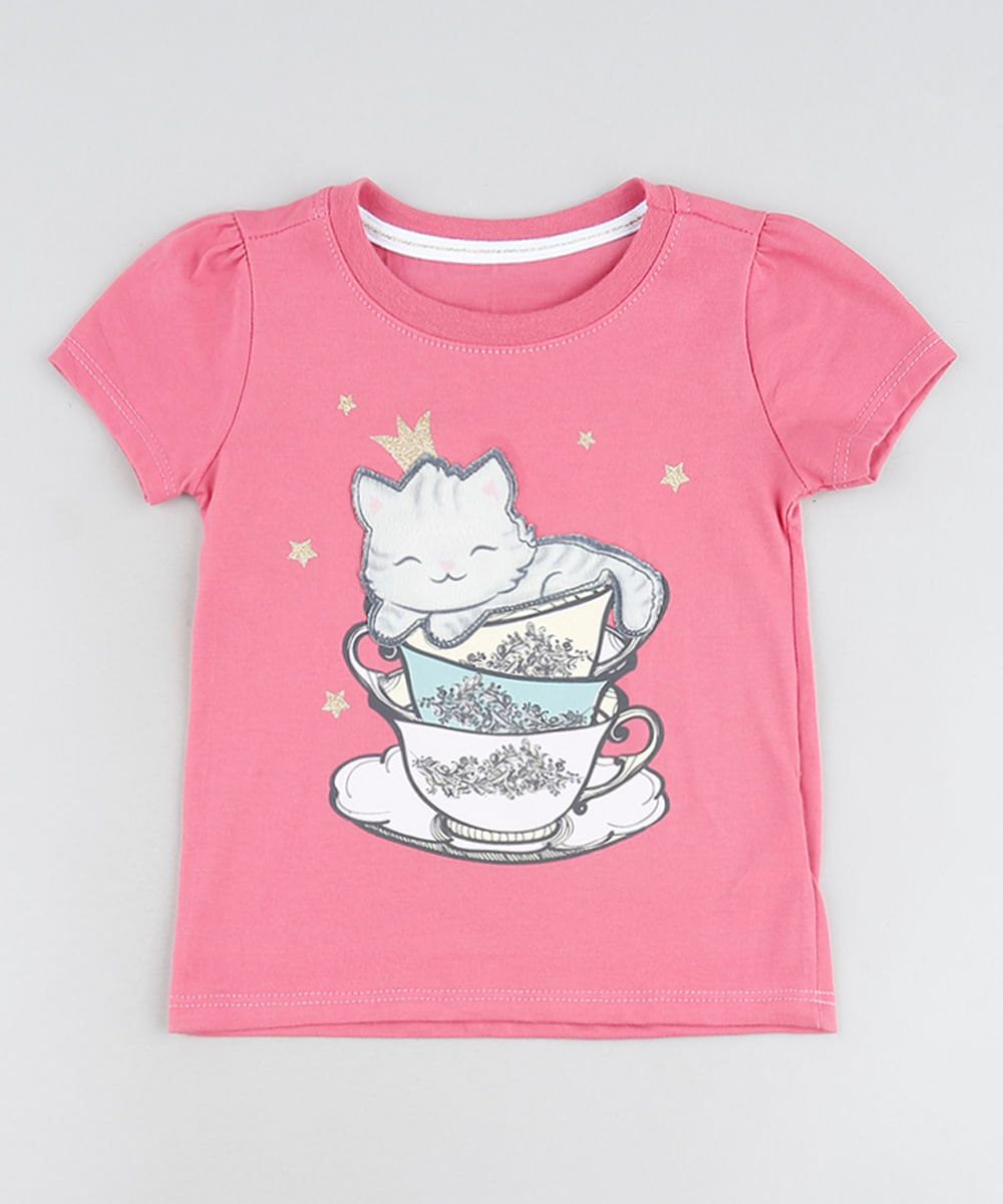 Blusa Infantil Gatinho Manga Curta Rosa