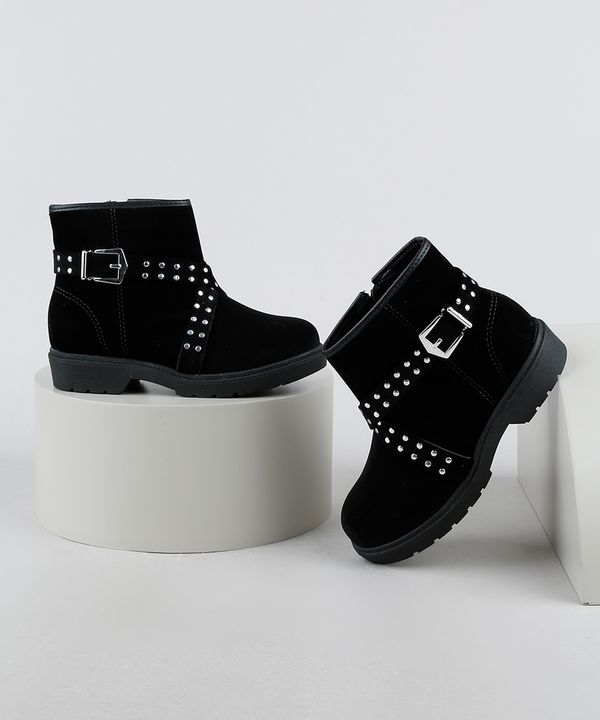 Bota Infantil Molekinha Cano Curto com Fivela e Tachas Preta 29