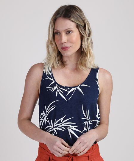 Regata-Feminina-Estampada-de-Folhagem-com-Vazado-Decote-Redondo-Azul-Marinho-9945468-Azul_Marinho_1