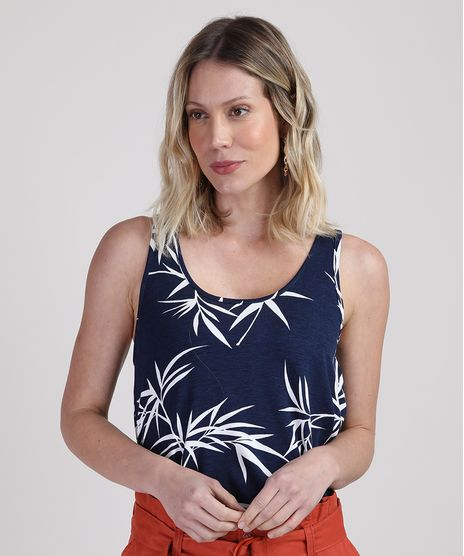 Regata-Feminina-Estampada-de-Folhagem-com-Vazado-Decote-Redondo-Azul-Marinho-9945468-Azul_Marinho_1