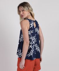 Regata-Feminina-Estampada-de-Folhagem-com-Vazado-Decote-Redondo-Azul-Marinho-9945468-Azul_Marinho_2