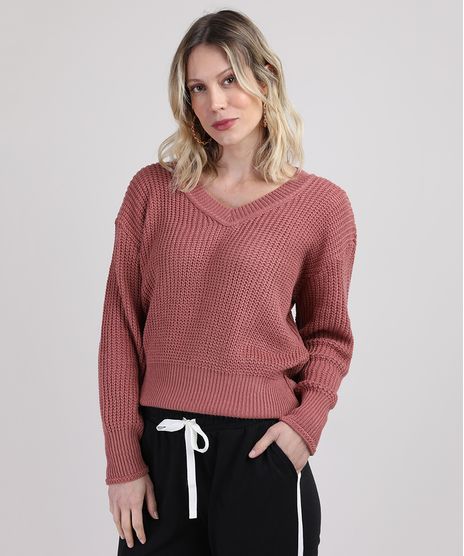 Sueter-de-Trico-Feminino-Amplo-Decote-V-Rosa-Escuro-9944245-Rosa_Escuro_1