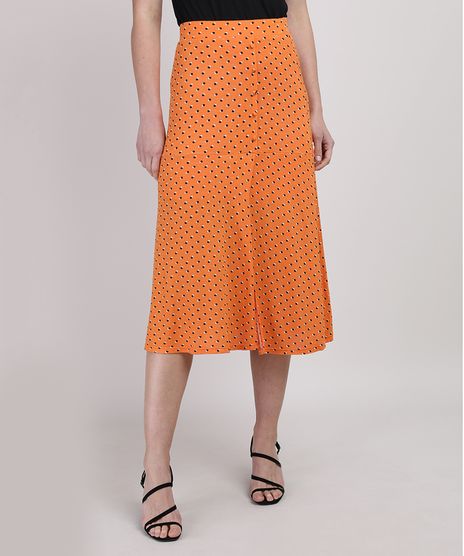 Saia-Feminina-Midi-Estampada-de-Poa-com-Botoes-e-Fenda-Laranja-9943410-Laranja_1