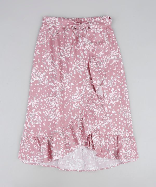 Saia Infantil Midi Estampa de Florezinhas com Babado Rosa Claro 10