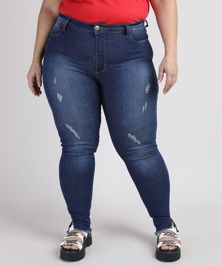 Calca-Jeans-Feminina-Plus-Size-Sawary-Super-Skinny-Push-Up-Cintura-Alta-com-Puidos-e-Barra-Desfiada-Azul-Escuro-9950591-Azul_Escuro_1