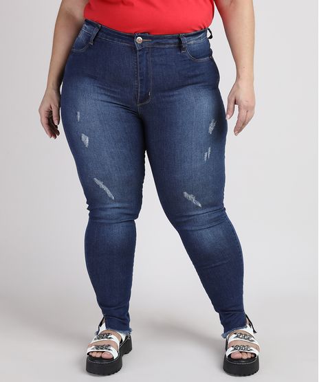 Calca-Jeans-Feminina-Plus-Size-Sawary-Super-Skinny-Push-Up-Cintura-Alta-com-Puidos-e-Barra-Desfiada-Azul-Escuro-9950591-Azul_Escuro_1