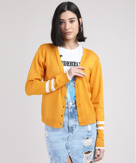 Cardigan-de-Trico-Feminino-com-Listras-Decote-V-Mostarda-9823176-Mostarda_1