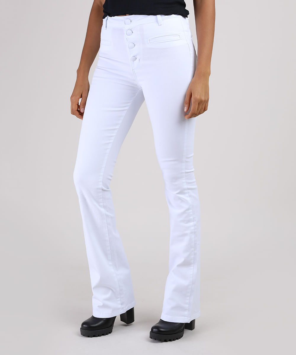 calça flare branca jeans cintura alta