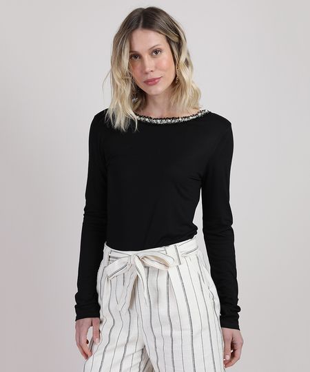 Blusa-Feminina-com-Aplicacao-de-Perolas-Manga-Longa-Decote-Redondo--Preta-9943057-Preto_1