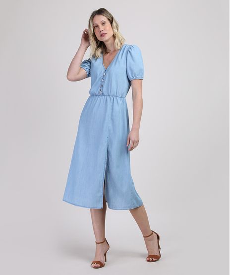 Vestido-Jeans-Feminino-Midi-com-Fenda-e-Botoes-Manga-Bufante-Azul-Claro-9944956-Azul_Claro_1