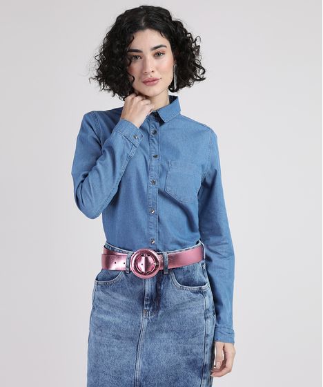blusa manga longa jeans feminina
