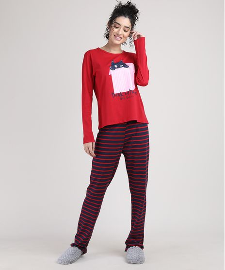 Pijama-Feminino-Gato--Think-Outside-the-Box--Listrado-Manga-Longa-Vermelho-9951192-Vermelho_1