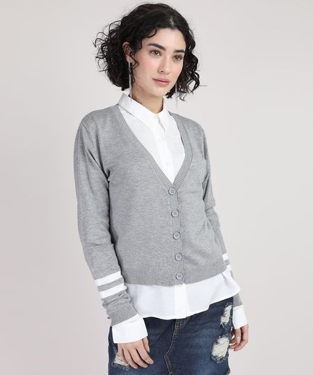 Cardigan-de-Trico-Feminino-com-Listras-Decote-V-Cinza-Mescla-9823176-Cinza_Mescla_1