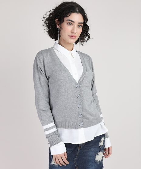 Cardigan-de-Trico-Feminino-com-Listras-Decote-V-Cinza-Mescla-9823176-Cinza_Mescla_1