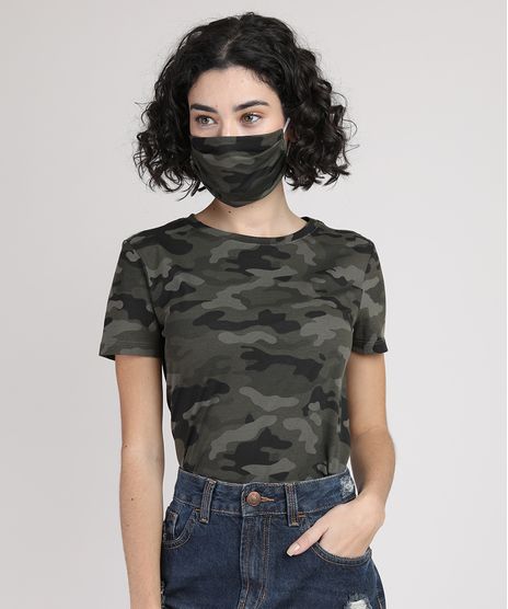 Kit-de-Blusa-Feminina-Estampada-Camuflada-Manga-Curta-Decote-Redondo---Mascara-de-Protecao-Individual-Verde-Militar-9950785-Verde_Militar_1