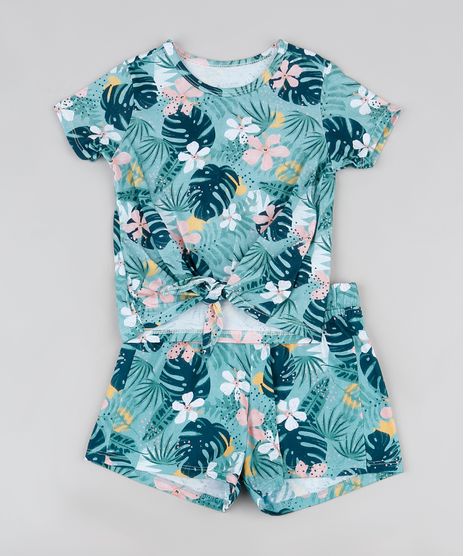 Conjunto-Infantil-de-Blusa-Estampada-de-Folhagens-Manga-Curta---Short-Verde-Agua-9946801-Verde_Agua_1