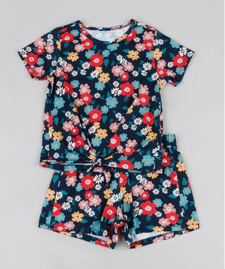 Conjunto-Infantil-de-Blusa-Estampada-Floral-Manga-Curta---Short-Azul-Marinho-9946799-Azul_Marinho_1