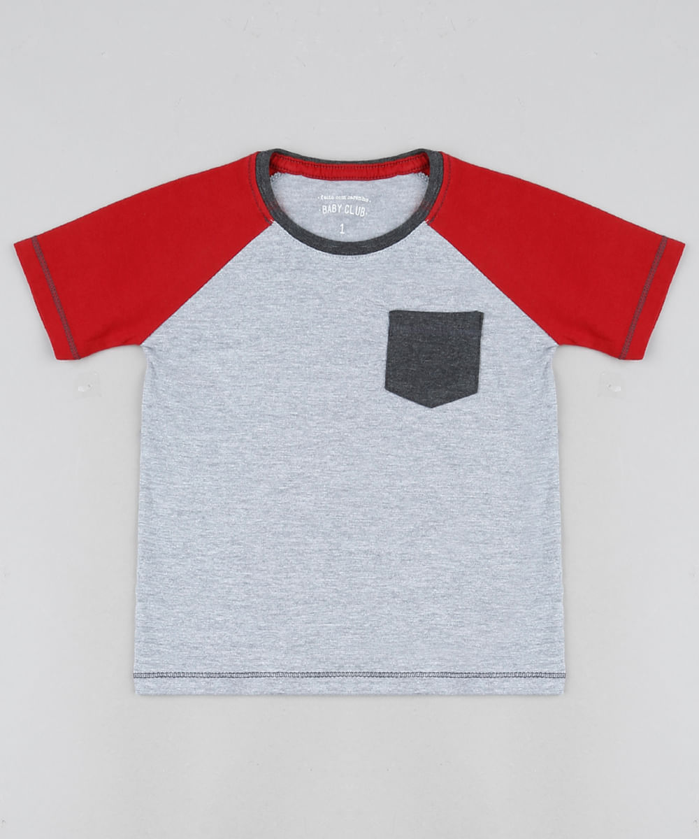 Camiseta Infantil Raglan com Bolso Manga Curta Cinza Mescla