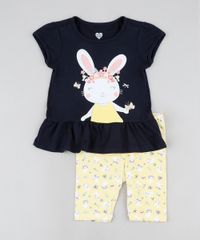 Conjunto-Infantil-de-Blusa-Coelho-com-Babado-Manga-Curta-Preta---Bermuda-Estampada-Amarela-9943361-Amarelo_1