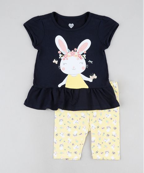 Conjunto-Infantil-de-Blusa-Coelho-com-Babado-Manga-Curta-Preta---Bermuda-Estampada-Amarela-9943361-Amarelo_1