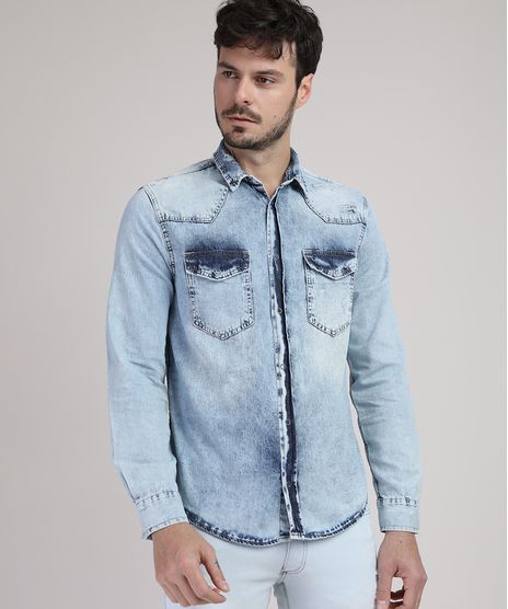 Camisa-Jeans-Masculina-Slim-com-Bolsos-Manga-Longa-Azul-Claro-9943159-Azul_Claro_1