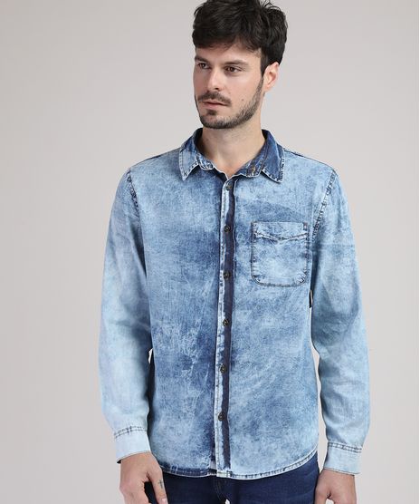 Camisa-Jeans-Masculina-Tradicional-Marmorizada-com-Bolso-Manga-Longa-Azul-Claro-9943157-Azul_Claro_1