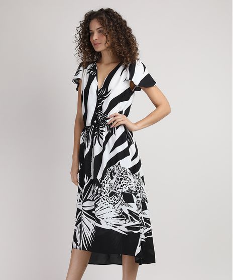 Vestido-Feminino-Midi-Mullet-Estampado-Animal-Print-Zebra-com-Botoes-e-Babado-na-Manga-Preto-9943350-Preto_1