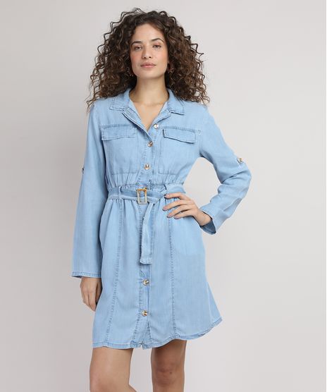 Vestido-Chemise-Jeans-Feminino-Curto-com-Bolsos-e-Cinto-Manga-Longa-Azul-Claro-9946819-Azul_Claro_1