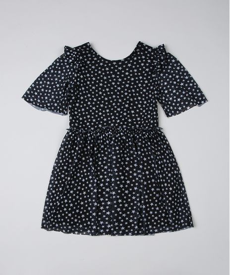 Vestido-Infantil-Estampado-de-Estrelas-com-Tule-Manga-Curta--Preto-9950188-Preto_1
