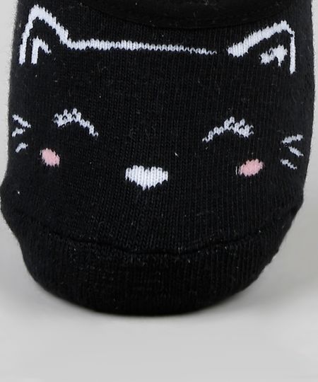 Meia-Feminino-Sapatilha-Estampada-de-Gatinhos-Preta-9885674-Preto_1