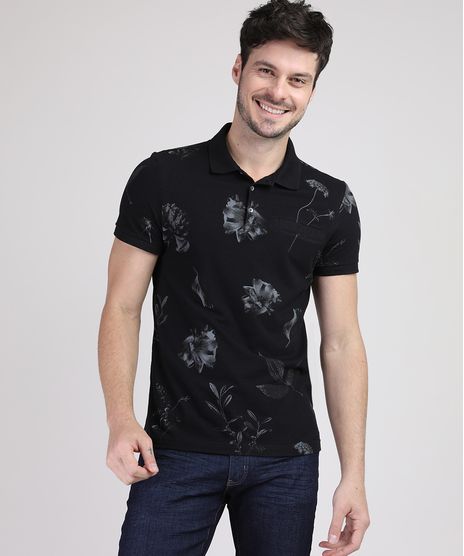 Polo-de-Piquet-Masculina-Estampada-de-Folhas-com-Bolso-Manga-Curta-Preta-9867094-Preto_1