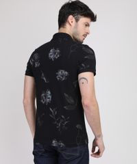 Polo-de-Piquet-Masculina-Estampada-de-Folhas-com-Bolso-Manga-Curta-Preta-9867094-Preto_2