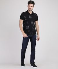 Polo-de-Piquet-Masculina-Estampada-de-Folhas-com-Bolso-Manga-Curta-Preta-9867094-Preto_3