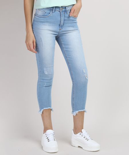 Calca-Jeans-Feminina-Skinny-Cropped-Cintura-Media-com-Puidos-Azul-Claro-9831921-Azul_Claro_1
