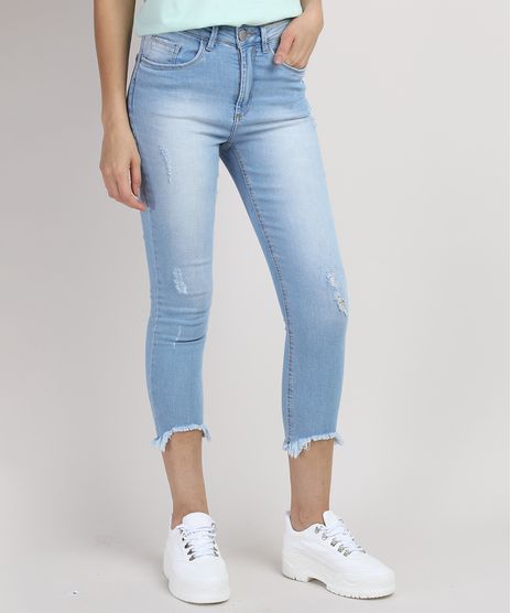 Calca-Jeans-Feminina-Skinny-Cropped-Cintura-Media-com-Puidos-Azul-Claro-9831921-Azul_Claro_1