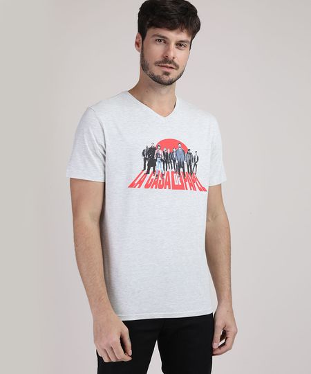 Camiseta-Masculina-La-Casa-de-Papel-Manga-Curta-Gola-V-Cinza-Mescla-Claro-9942106-Cinza_Mescla_Claro_1
