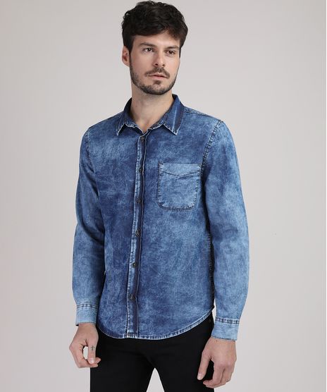 Camisa-Jeans-Masculina-Tradicional-Marmorizada-com-Bolso-Manga-Longa-Azul-Escuro-9943158-Azul_Escuro_1