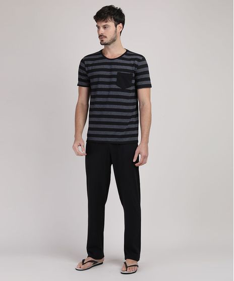 Pijama-Masculino-Camiseta-Listrada-Manga-Curta-com-Bolso---Calca-Preta-9951349-Preto_1