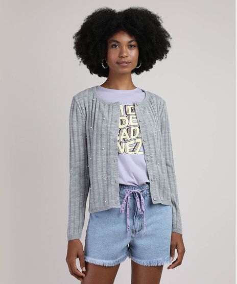 Cardigan-de-Trico-Feminino-Canelado-com-Perolas-Decote-Redondo-Cinza-Mescla-9942029-Cinza_Mescla_1