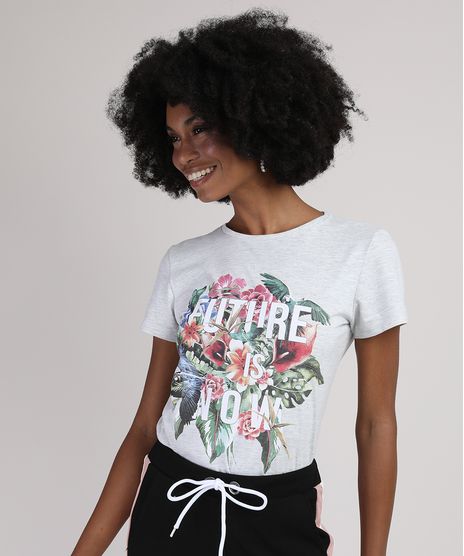 Blusa-Feminina--Future-is-Now--com-Flores-Manga-Curta-Decote-Redondo-Cinza-Mescla-9942068-Cinza_Mescla_1