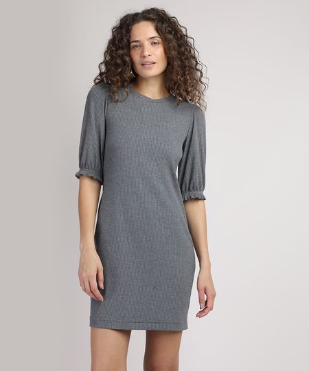 Vestido-Feminino-Canelado-Curto-Manga-Curta-Bufante-Cinza-Mescla-Escuro-9951121-Cinza_Mescla_Escuro_1