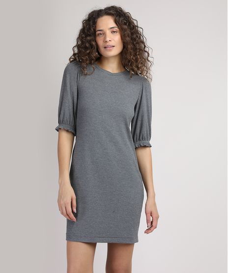 Vestido-Feminino-Canelado-Curto-Manga-Curta-Bufante-Cinza-Mescla-Escuro-9951121-Cinza_Mescla_Escuro_1