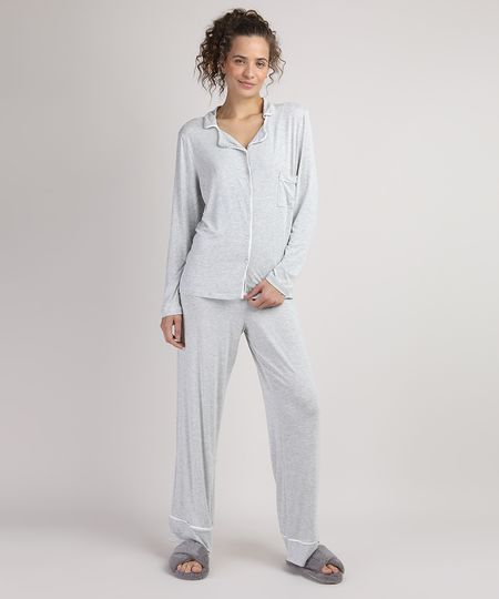 Pijama-Feminino-Camisa-Manga-Longa-com-Bolso-Cinza-Mescla-9951065-Cinza_Mescla_1