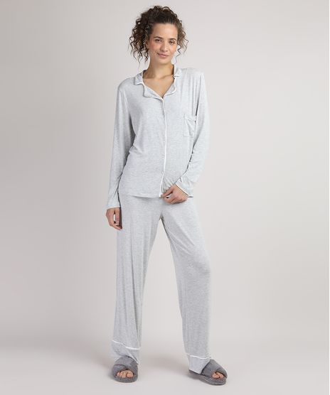 Pijama-Feminino-Camisa-Manga-Longa-com-Bolso-Cinza-Mescla-9951065-Cinza_Mescla_1
