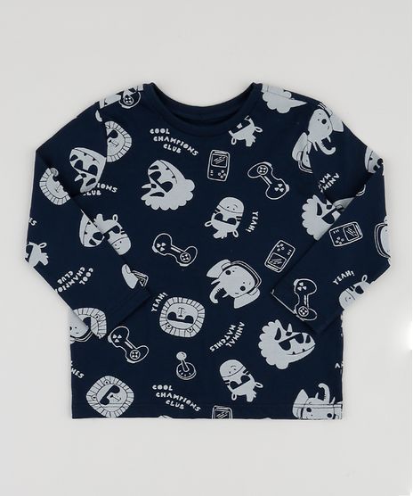 Camiseta-Infantil-Estampada-de-Bichos-com-Video-Game-Manga-Longa-Azul-Marinho-9943223-Azul_Marinho_1