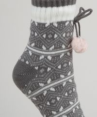 Meia-de-Inverno-Feminina-em-Trico-com-Interior-em-Pelo-Estampada-de-Flocos-de-Neve-Chumbo-9837840-Chumbo_4