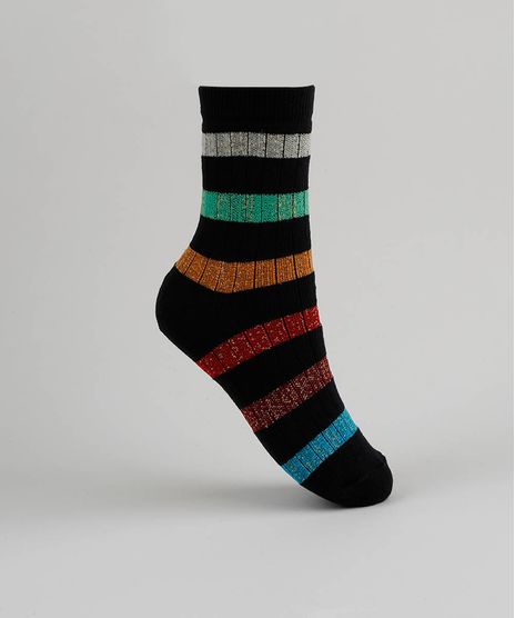 Meia-Feminina-Cano-Longo-com-Listras-Coloridas--Preta-9949189-Preto_1