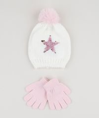Kit-Infantil-de-Gorro-de-Trico--Estrela-com-Paetes-Dupla-Face-Off-White---Luva-Rosa-Claro-9784990-Rosa_Claro_1
