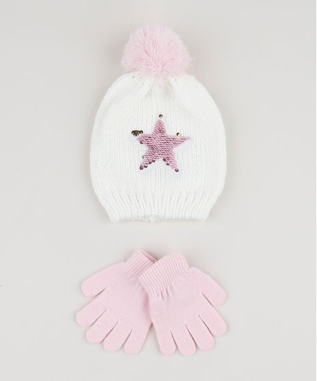 Kit-Infantil-de-Gorro-de-Trico--Estrela-com-Paetes-Dupla-Face-Off-White---Luva-Rosa-Claro-9784990-Rosa_Claro_1